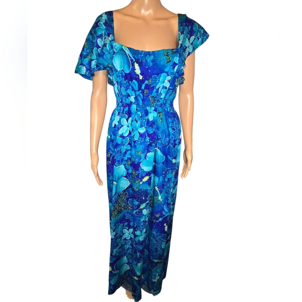 Blue Floral Off-Shoulder Maxi Dress